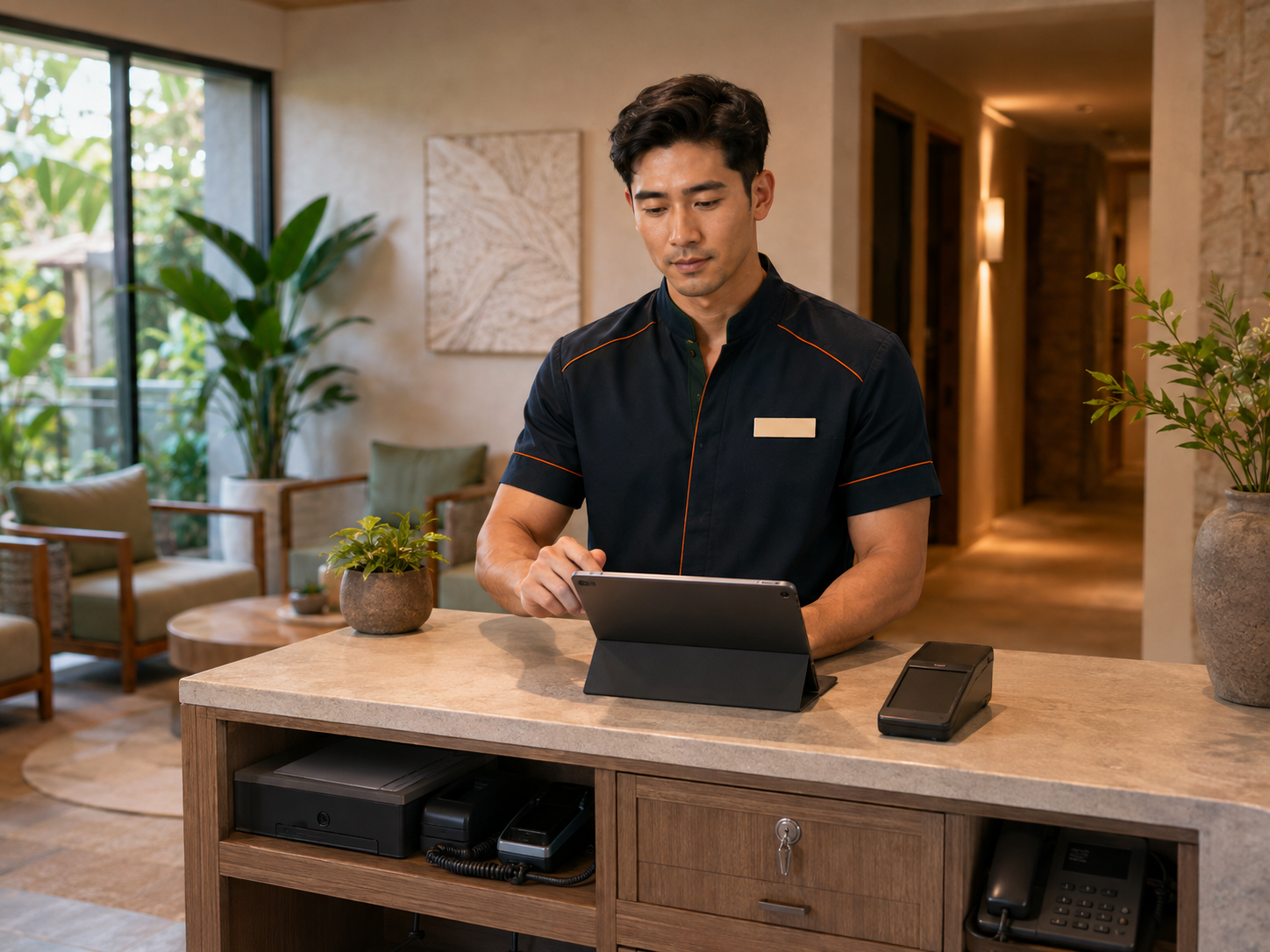 Receptionist using organized booking and payment equipment at a spa front desk.