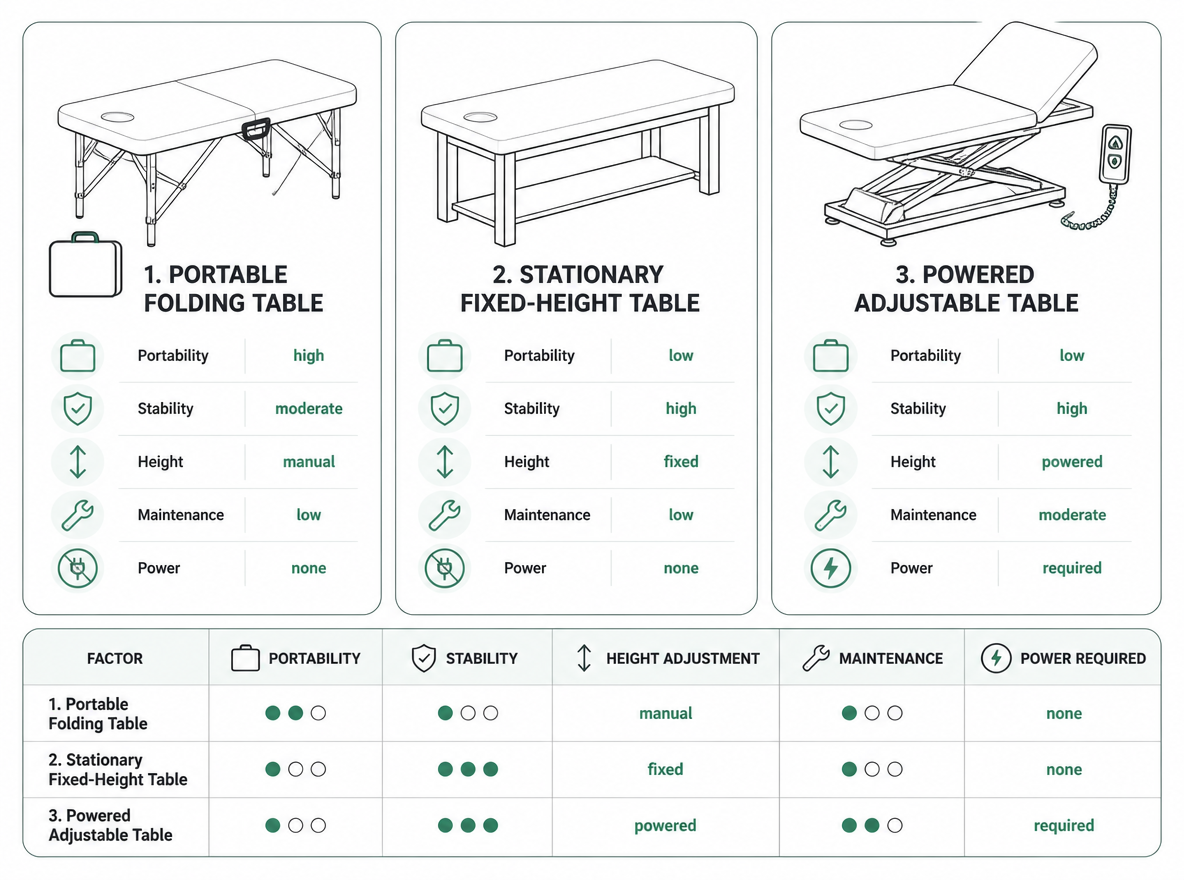 Infographic comparing portable, stationary, and powered adjustable massage tables.