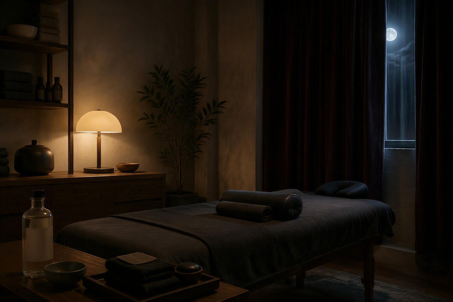 Quiet late-night massage-room setup with unscented products, low light, bolsters, and covered windows.