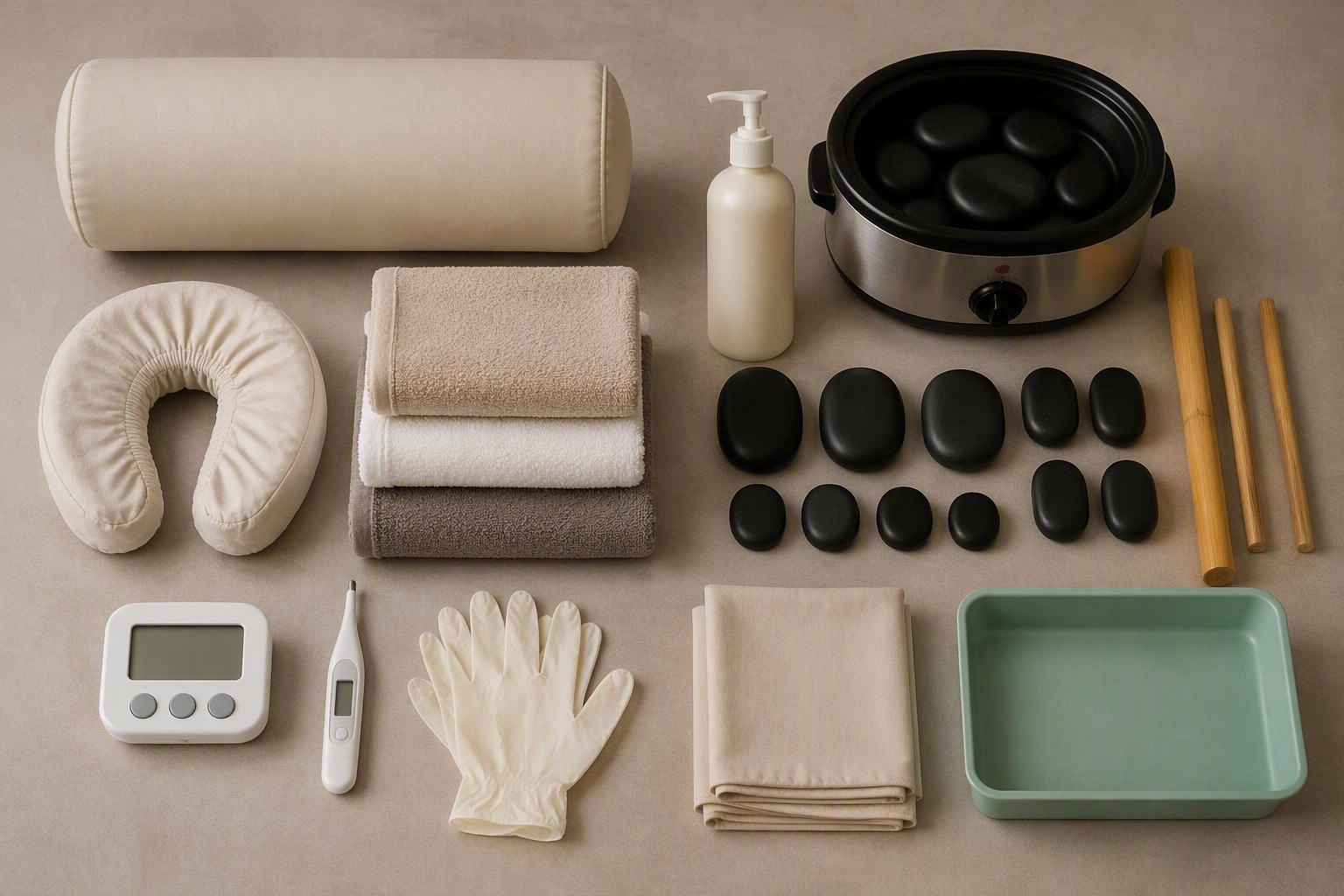 Organized flat-lay of massage bolsters, linens, lotion, hot stones, bamboo tools, thermometer, and cleaning supplies.