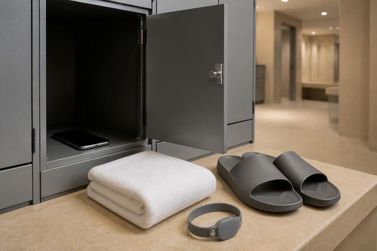 Smartphone stored in a locker beside a towel and sandals before entering a communal bathing area.