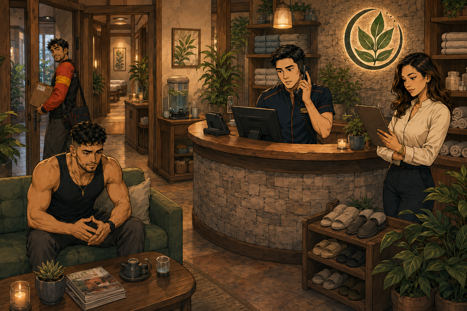 A warm comic-style view inside The Resting Leaf spa reception and waiting area.