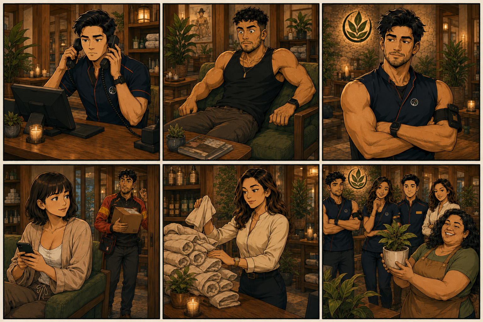 Six silent comic panels showing everyday humorous moments at The Resting Leaf.